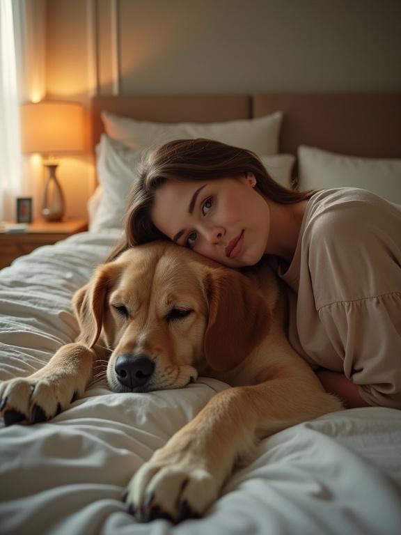 A woman resting on a large dog in bed. The scene is intimate and cozy. The woman has a serene expression. Soft ambient light fills the room. The dog appears relaxed. The overall mood is warm and inviting.