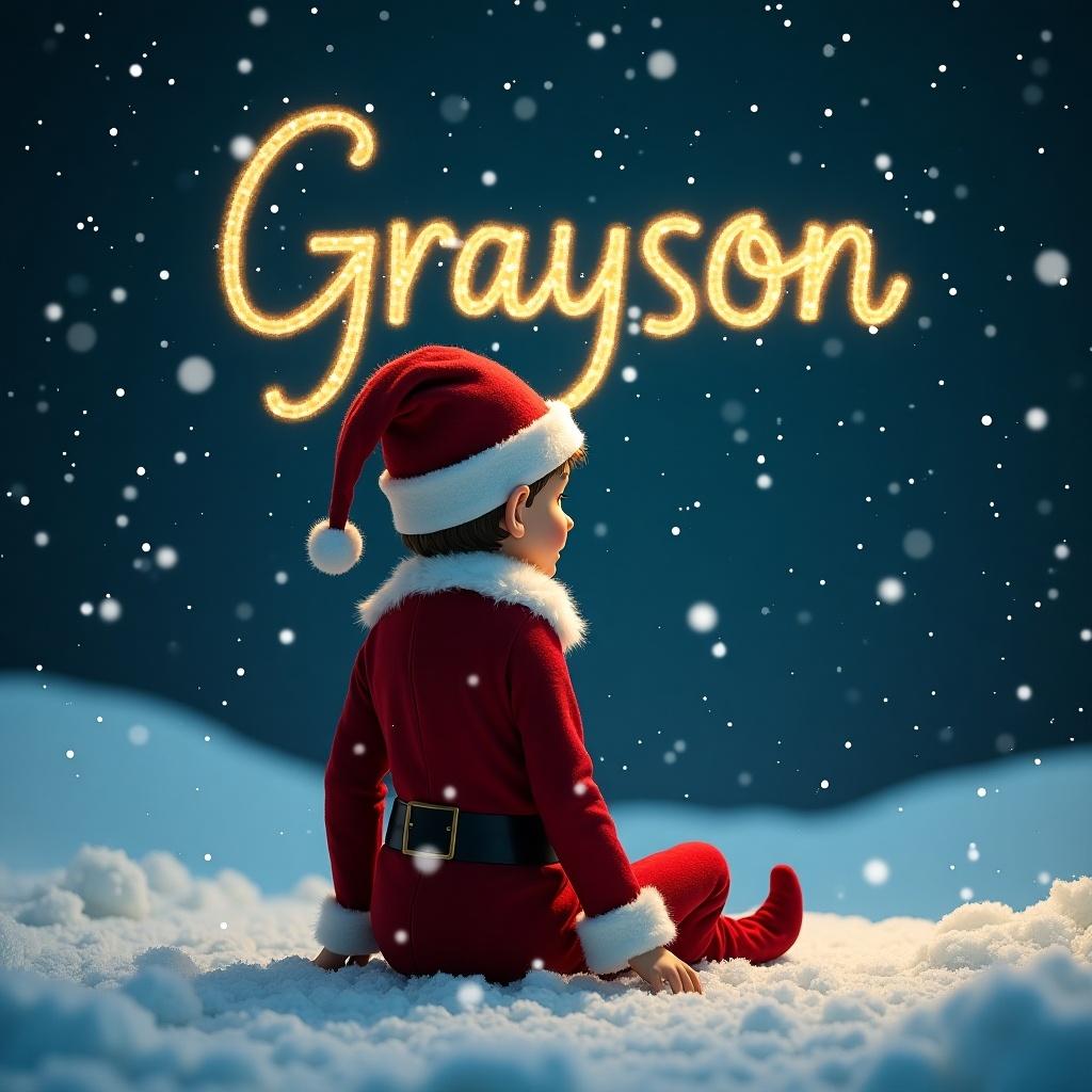 A Christmas elf is sitting in the snow, facing away from the camera. The elf is wearing a red suit with white trim and a festive hat. In the night sky above, the name 'Grayson' is written in shimmering gold letters. The background is a beautiful winter landscape, covered in soft white snow. Snowflakes gently fall around the scene, creating a magical holiday atmosphere.