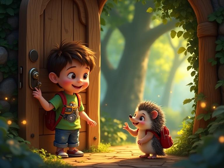 A young boy stands at a magical wooden door in front of an enchanted forest. Golden light spills from the door. A welcoming hedgehog with a backpack waits nearby. Fireflies dance around them. The scene is vibrant and filled with a sense of wonder.