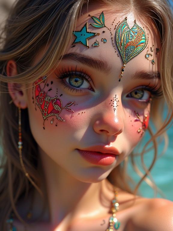 Close-up portrait of a supermodel with intricate face art. Makeup features zentangle designs and a luminous aesthetic. Artistry presented in high detail and 8k resolution.