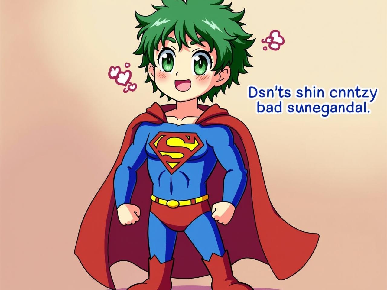 This image showcases a cheerful superhero character with vibrant green hair and eyes. The superhero is dressed in a blue suit with an iconic red 'S' on the chest, complemented by red underwear, boots, and a flowing red cape. The character is depicted in a cartoonish style, appealing to a younger audience. The bright colors and playful expression add to the whimsical nature of this superhero design. With freckles adorning the character's cheeks, this illustration captures a fun and approachable image of heroism.