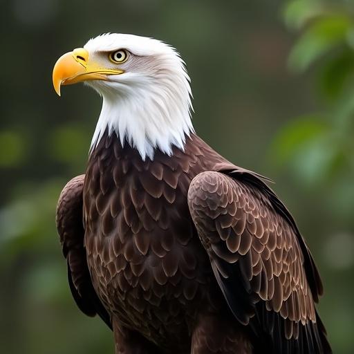 Close-up of a bald eagle standing against a blurred green background. The eagle has a white head and tail with dark brown feathers. Its beak is bright yellow.