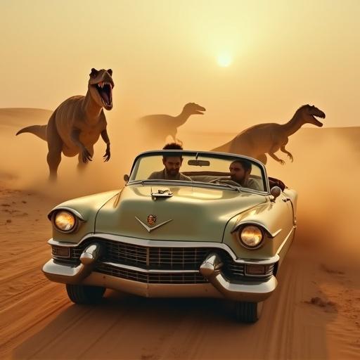 A scene in a vast desert during sunset with a modified Cadillac Eldorado Convertible speeding. Jack Tenrec drives with determination. Hannah Dundee beside him holds a rifle, focused on approaching dinosaurs. The dinosaurs are diverse, creating noise. Hannah shoots, illuminating the dusty air. Tension builds as they flee from danger.