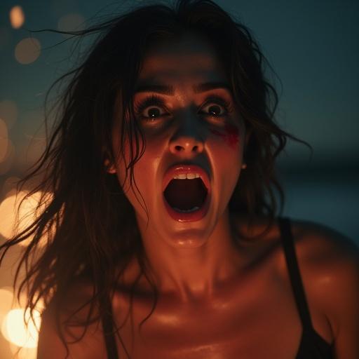 Professional thumbnail for a horror video called Sububos. Features close-up of a woman with a mix of human and demonic traits. Expresses strong emotions like shock or determination. Includes realistic effects like sweat and blood. Background has dramatic lights and fog. High contrast and vivid colors highlight the subject. Floating particles and cinematic texture included. Text '[Succubus]' in striking font.