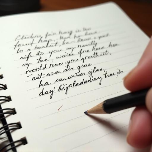 A writer is using an ink pencil to write in an A5 notebook. The focus is on the hand with the pencil and the handwritten words in the notebook. Writing is in progress.
