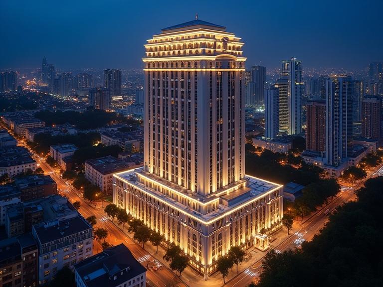 High-star hotel building in city at night with bright lights. Classical architecture surrounded by high-rise buildings. Wide-angle lens and architectural photography style. Bright urban landscape.
