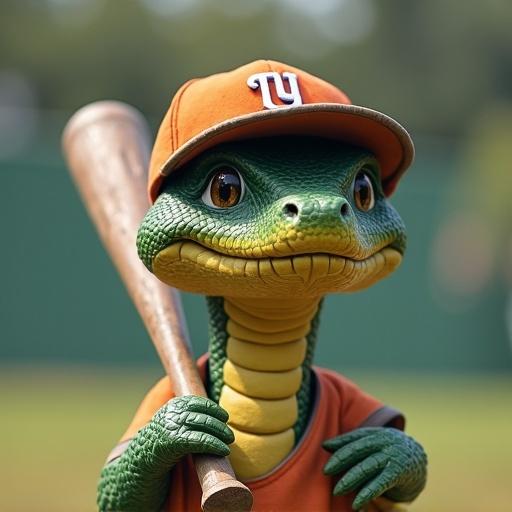 A snake wearing a baseball cap and jersey, holding a baseball bat, standing confidently in a sports field setting.