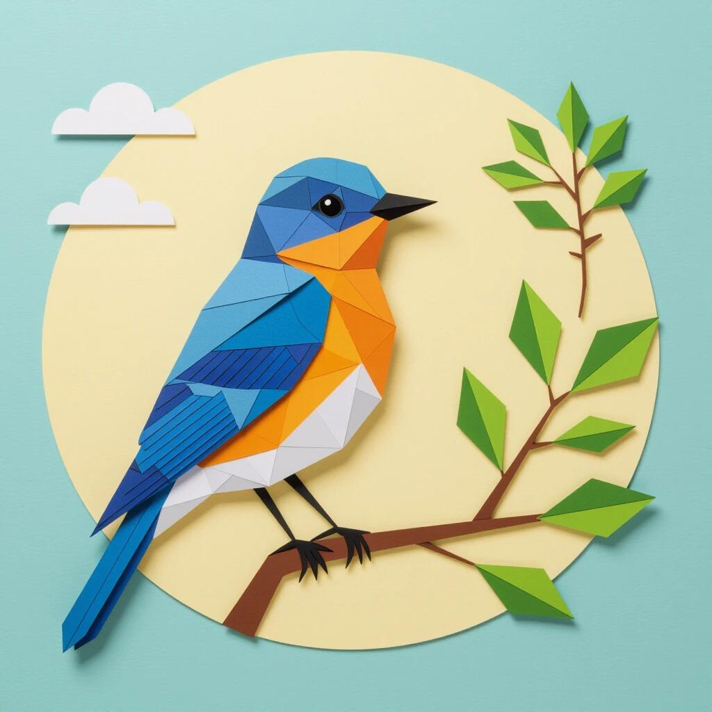A bluebird made of colorful paper. The bird features vibrant blue and orange colors. It sits on a branch surrounded by green leaves. The background has a soft pastel color. The image is created using layered paper craft techniques.
