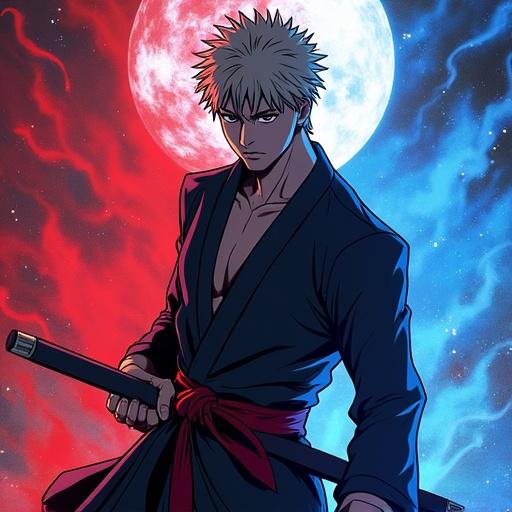 Character from Jujutsu Kaisen in a battle pose ready to fight. Character has red and blue aura surrounding. Illustrated in anime style with a katana.