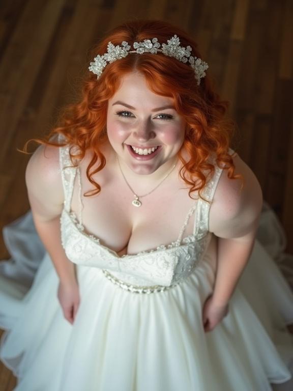 A young woman wearing a white wedding dress. The bride is posing playfully from an overhead view. Her hair is red, styled with curls. She has a happy smile.