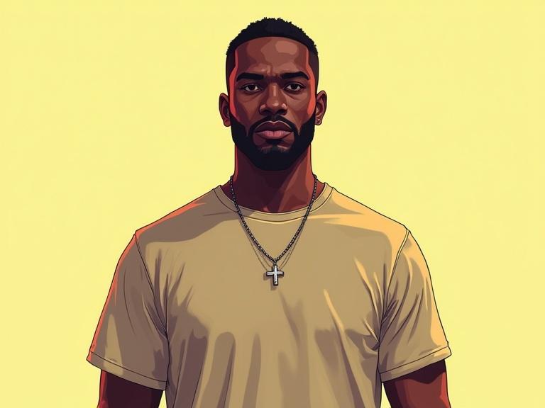 Black male with no accessories wearing a solid color t-shirt. Full frontal view against a yellow background. Bright light illuminates the subject. Styled like a Grand Theft Auto character in digital art form. No background details included.