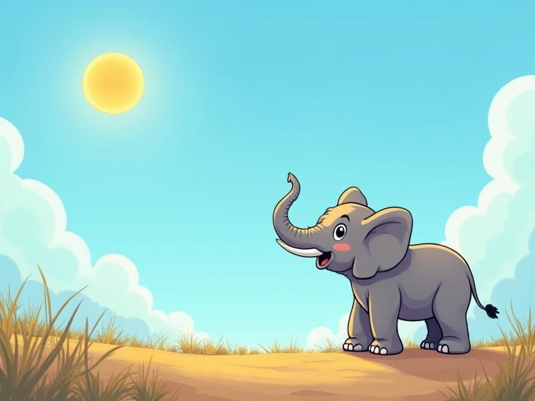 Cartoon scene featuring an elephant looking at the sky. The elephant gazes at the bright sun above. The background shows a clear blue sky with clouds. The ground is grassy.