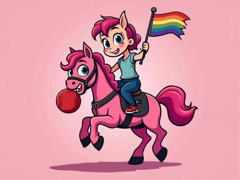A playful pink pony designed in a bold vector art style. Pony has a playful expression and is ridden by a character waving a rainbow flag. Bright pink background with a focus on simplified shapes and bold colors. Red ball as a playful element. Suitable for children's products and LGBTQ+ events.