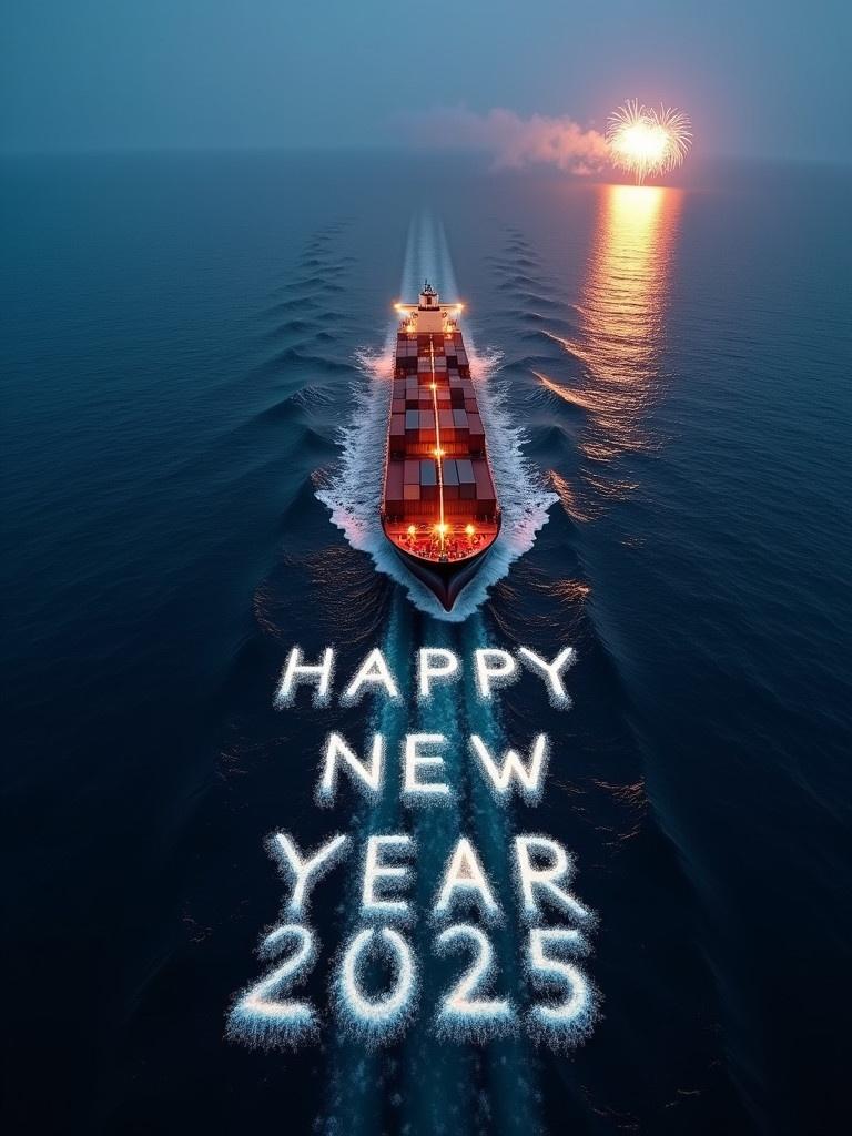 Container ship sails on a deep blue sea. Camera tracks the ship from above. Foam creates letters. Letters spell out 'HAPPY NEW YEAR 2025'. Message briefly appears before dissolving into ocean. Ship heads toward horizon with fireworks, signifying hope and new beginnings.