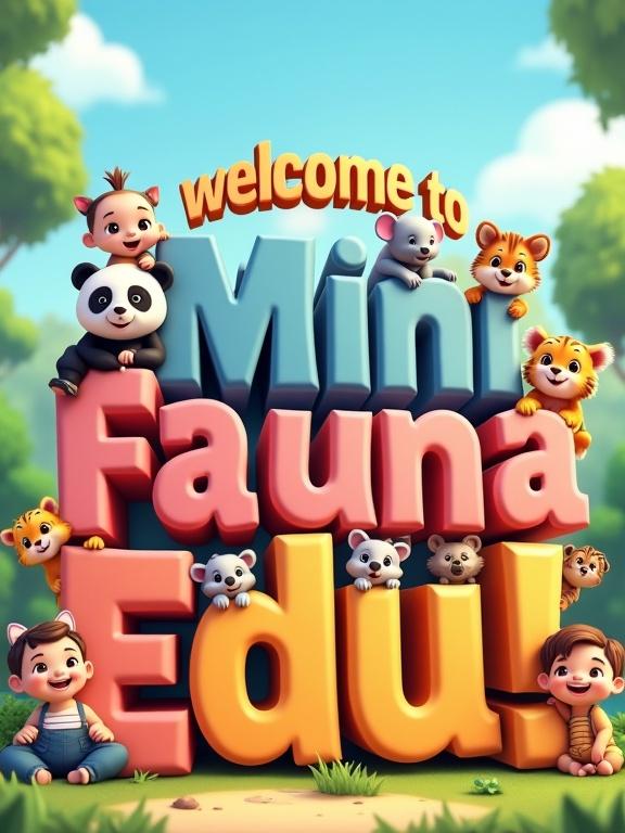 A colorful 3D cartoon-style welcome image. Text says 'Welcome to Mini Fauna Edu!' in big letters. Around, adorable baby animals like panda, elephant, tiger, and koala are present. Animals wear cute clothes and play around the letters. Happy human babies smile, play, and gently hold animals. Bright background and sunny day create a fun and educational vibe.
