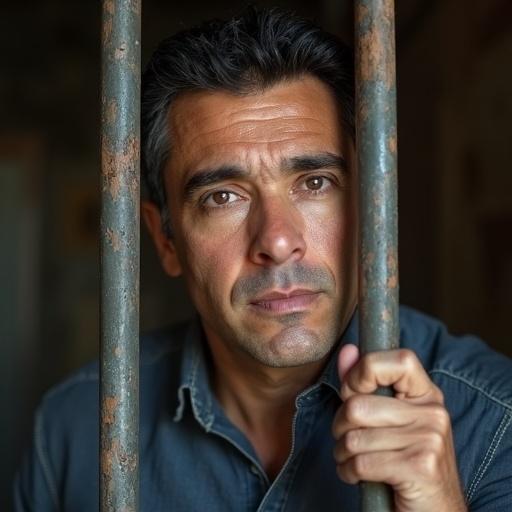 Image features a person holding prison bars. The background reveals a dark, dilapidated prison setting. Focus on tension and confinement.
