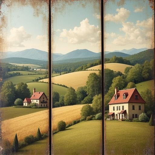 Vintage European oil painting triptych features rustic farmhouse landscapes. Rolling hills and quaint village cottages appear in each panel. Each panel has a weathered look with soft earthy tones. Brushstrokes visible, mimicking traditional oil painting techniques. Overall mood is serene and timeless, perfect for decor.