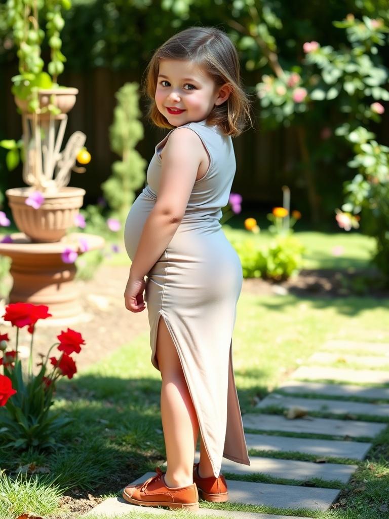 A young child in a garden wearing a long dress with flowers and greenery in the background.