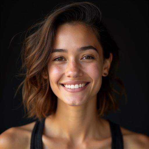 Full body photograph of a smiling young athletic woman. Asymmetrical hairstyle with medium-length brown hair on the left side. The right side features an undercut. Minimal makeup and clear skin with a warm tone. Subtle dimples on her face. Soft studio lighting highlights facial contours. Dark blurred background. Genuine relaxed smile while looking at the camera. High-resolution realistic photography.