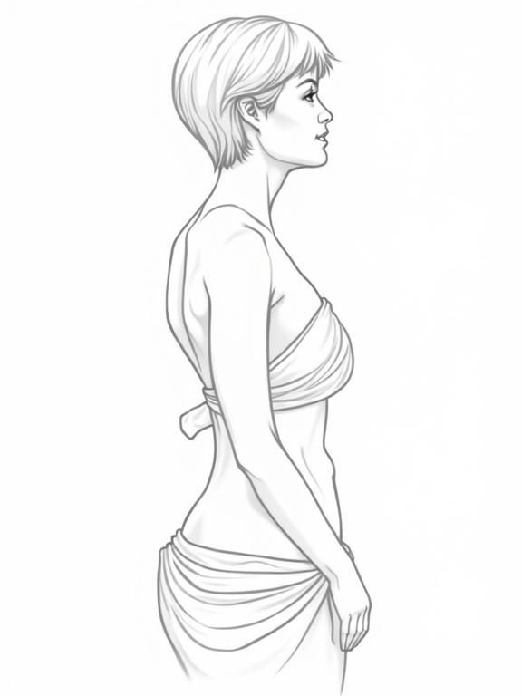 Vector illustration of a mature woman with short hair wearing a bikini and sarong. The image shows a toned and muscular body in black and white outline. The view is from the side in high definition.