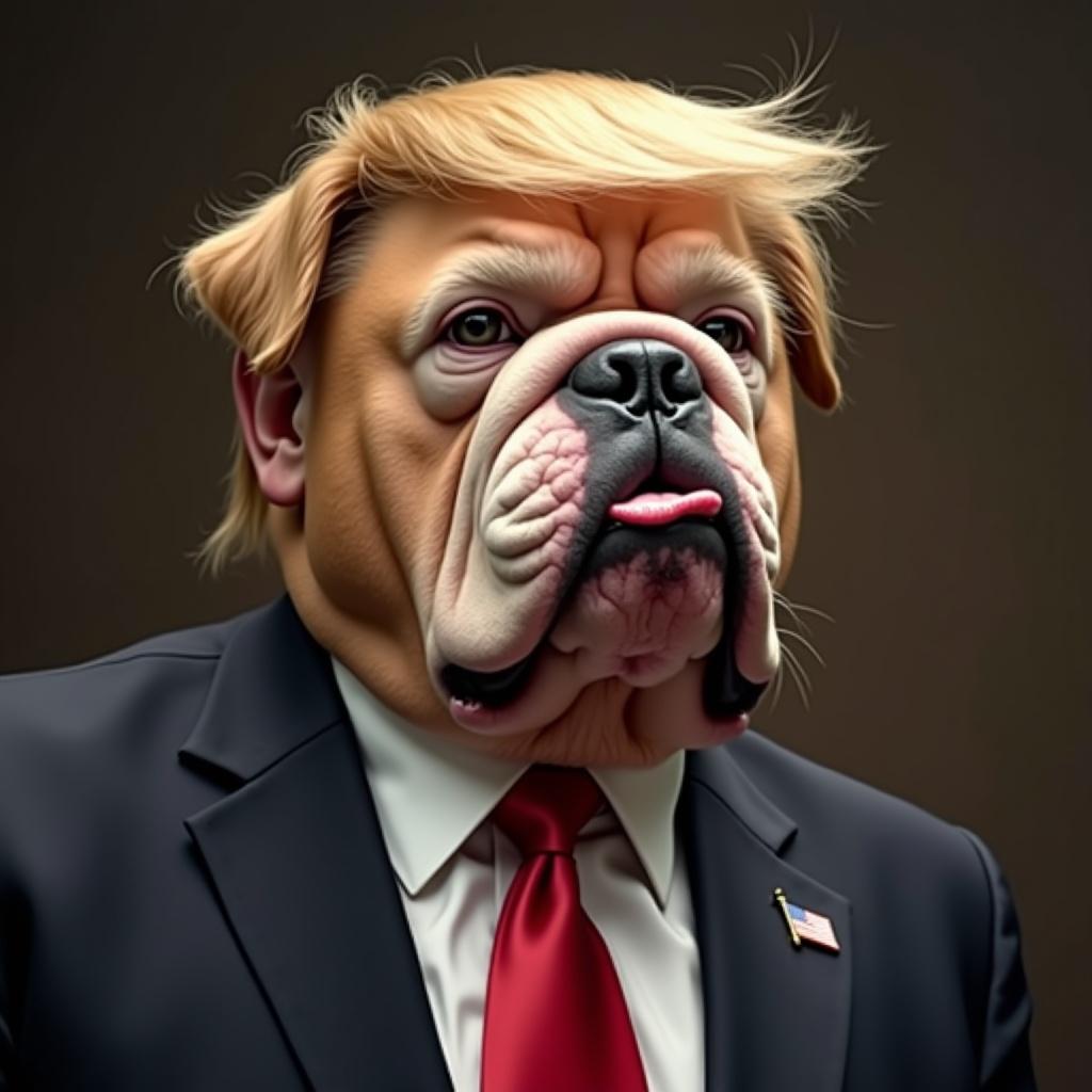 Photo realistic image of a person resembling a bulldog, dressed in a suit with a red tie and an American flag pin.