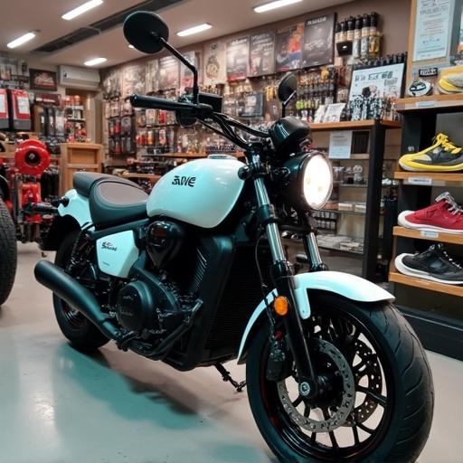 Motorcycle shop display featuring an electric motorcycle. Showcases various motorcycle accessories in a retail environment.