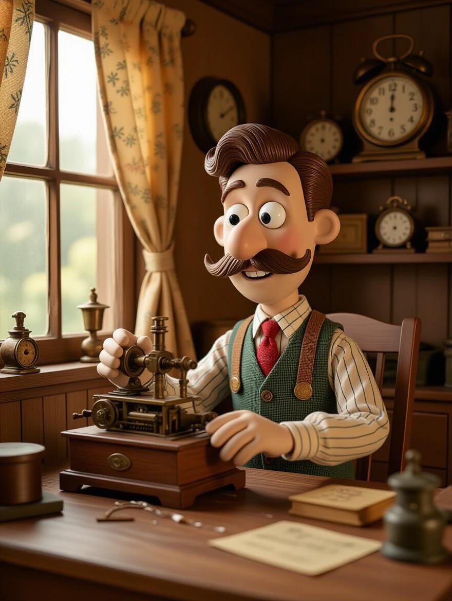 A vintage workshop in stop-motion style filled with gears clocks and whimsical inventions. An inventor with large button eyes and an exaggerated mustache is working on a machine that emits colorful sparks. The space features wood and fabric elements with visible wires and textured wool and felt objects. Soft moody lighting adds a magical mysterious touch.
