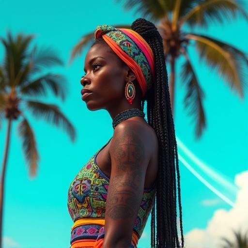 Afro-Caribbean woman with futuristic braids. Tribal-tech tattoos visible. Vivid tropical sky with neon light streaks and comet trails. Colorful patterned headwrap worn. Body-hugging outfit made of smart fabrics. Calm and focused expression. Tall palm trees sway in bright cyan sky. Digital shimmer adds depth. Combines Afro-futurism, solarpunk, and tropical aesthetics.