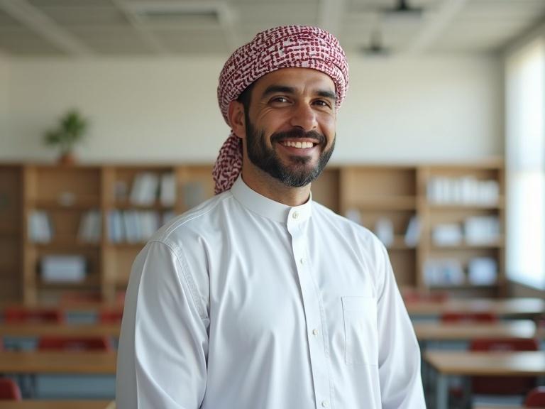 Omani male teacher stands in a modern classroom. He wears a white dishdasha and patterned turban. He smiles confidently. Natural light fills the room.