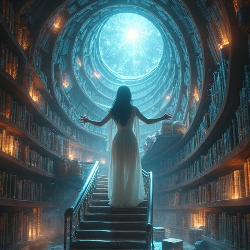 Digital artwork of a cosmic library with impossible architecture. Staircases fold into themselves. Crystalline bookshelves spiral upward. Bioluminescent equations float in light. An ethereal librarian stands at the center. Scene illuminated by a miniature supernova. Books and scrolls hover with turning pages.
