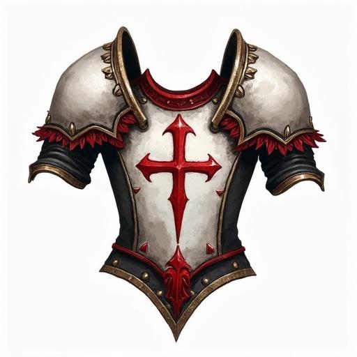 Icon representation of a legendary breastplate designed for card games. Styled like World of Warcraft. Features white, black, and red colors. Less detail with a painted look. Transparent background. Hand-drawn appearance.
