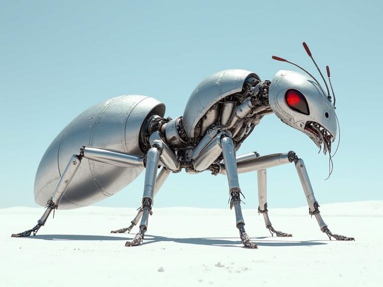 Image features a huge sleek silver rough gritty metallic detailed textured specular exo biomechanical red LED organic skin flesh cyborg robot ant located in a white desert. The scene is under a blue sky with bright sunlight creating shadows, showing advanced realism and lots of textures.
