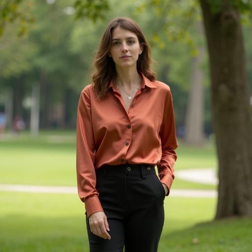 Woman walking in a park wearing satin blouse and tailored pants. She has long hair. Background features trees and people enjoying the outdoors.