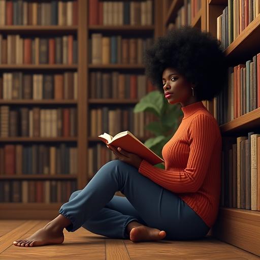 Busty dark skinned woman sitting barefoot on bookstore floor. Cozy atmosphere with towering bookshelves. She holds a book and is dressed in a tight sweater. Curly black Afro hairstyle adds to her look.