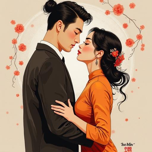 Illustration in Yue Min Jun painting style featuring an Asian couple embracing. The male figure in a suit. Female in a traditional dress. Background adorned with roses. Soft romantic atmosphere.