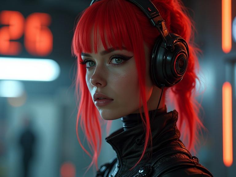 Photorealistic portrait of a female android leader in a cyberpunk setting with red hair. Cinematic lighting enhances intricate details. Digital art features modern artistic techniques.