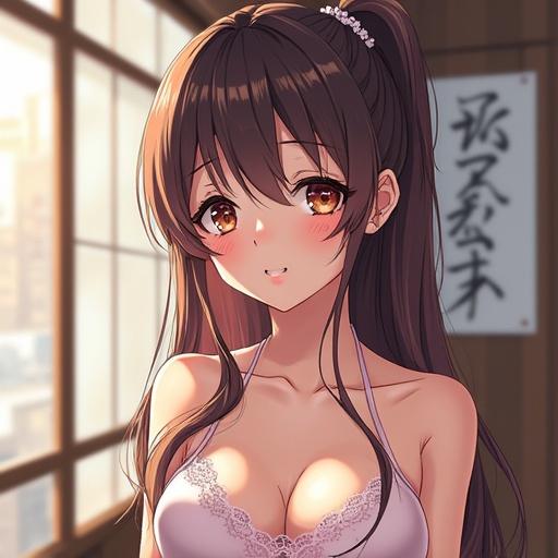 Anime character in a room with a window. She has long brown hair and expressive eyes. Dressed in feminine lingerie with a cute expression.