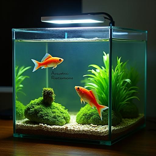 A beautiful aquarium is shown with small orange fish swimming inside. A bright light is positioned above the tank. The interior features lush aquatic plants and a heater is also present. Floating text in the aquarium reads 'Aquários Ribeiro'.