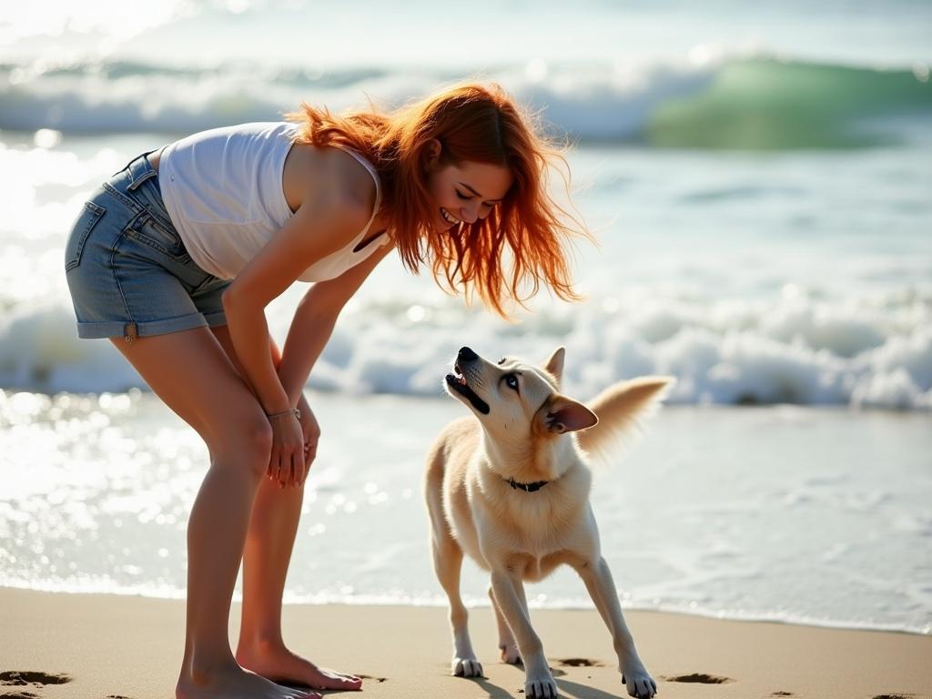 A redhead woman bends over on a beach, her hair flowing in the breeze as she interacts playfully with her dog, which stands behind her. The scene captures a joyful moment with the ocean waves in the background, sunlight glistening on the water and sand. The composition showcases the warmth of the day and the playful bond between the woman and her dog.