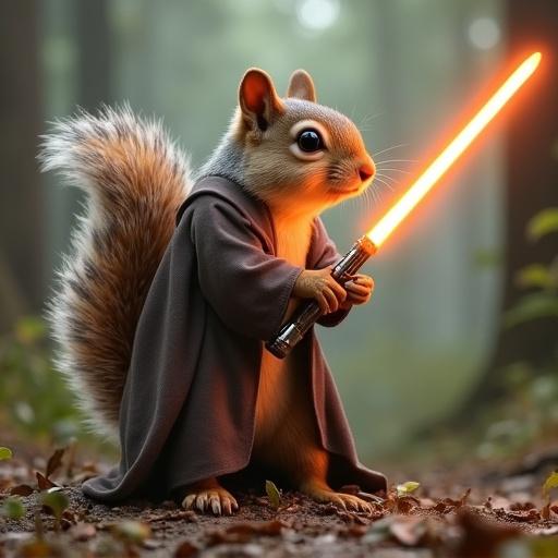 Squirrel dressed as a Jedi with a lightsaber in a forest fighting against hedgehogs. Fantasy elements included.