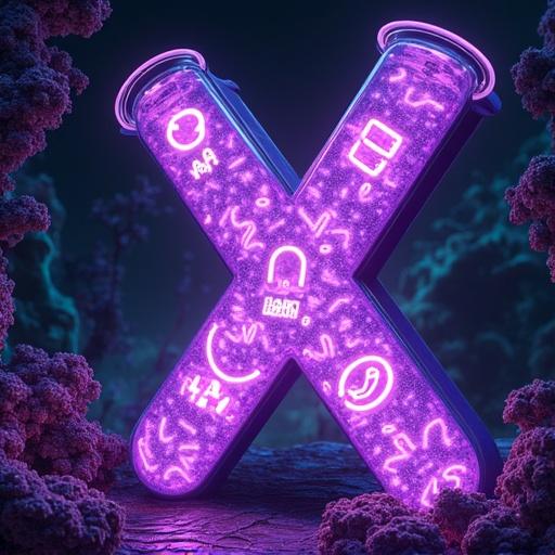 Massive neuro-linked 'X' built from glowing test tubes. Tubes pump purple liquid data. Iconic gaming symbols are inside. Central tube forms 'a' in 'Labs' with bubbling AI text. Background features bioluminescent fungi growing on server hardware. Text in dripping liquid-metal font. Palette includes iridescent purple and electric teal. Style merges bio-mechanical garden with Portal aesthetics.
