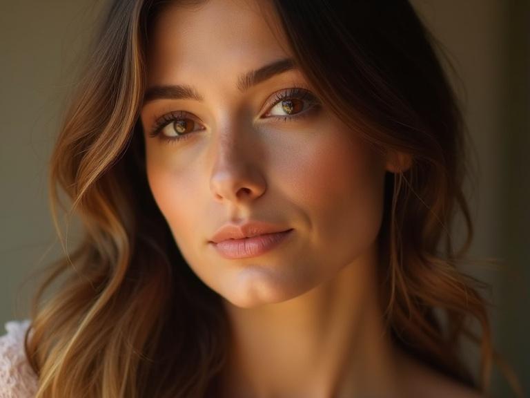 Close-up portrait of a woman. Soft lighting enhances features. Fashionable attire complements natural beauty. Expressive gaze captures warmth and charm.