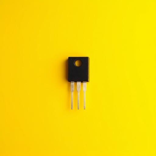 Minimal picture with solid yellow color background featuring black MOSFET transistor at the center with three leads and no shadows.
