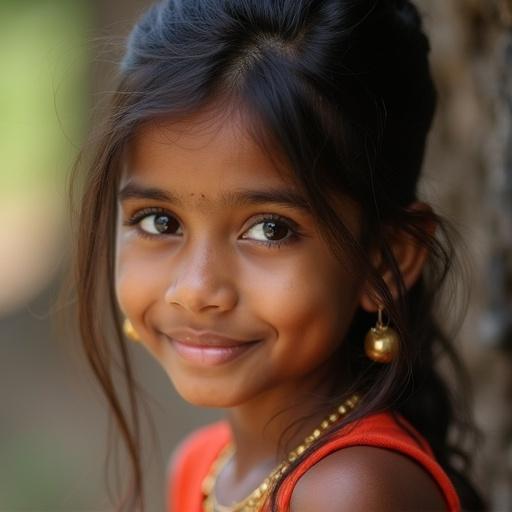 Portrait of a girl from Sri Lanka with a charming smile. Soft natural light enhances the features. The girl wears traditional accessories and clothing. Focus on her expressive eyes and joyful demeanor.
