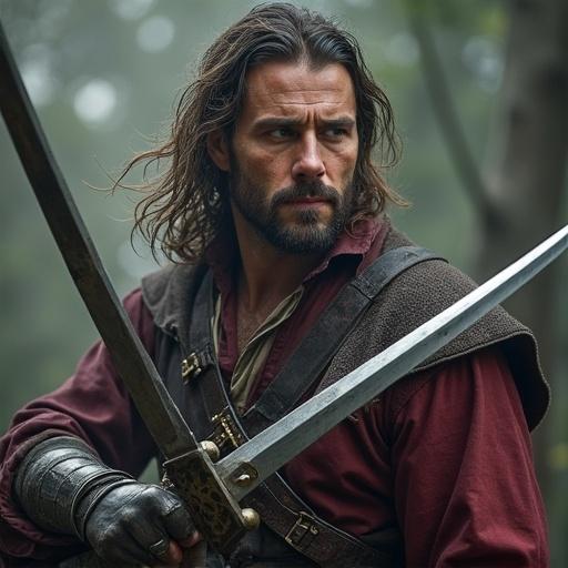 A swashbuckling rogue in his 30s holds two scimitars. The character has small scars on his face. He looks handsome and determined. A focus on his intense expression and the swords he wields.