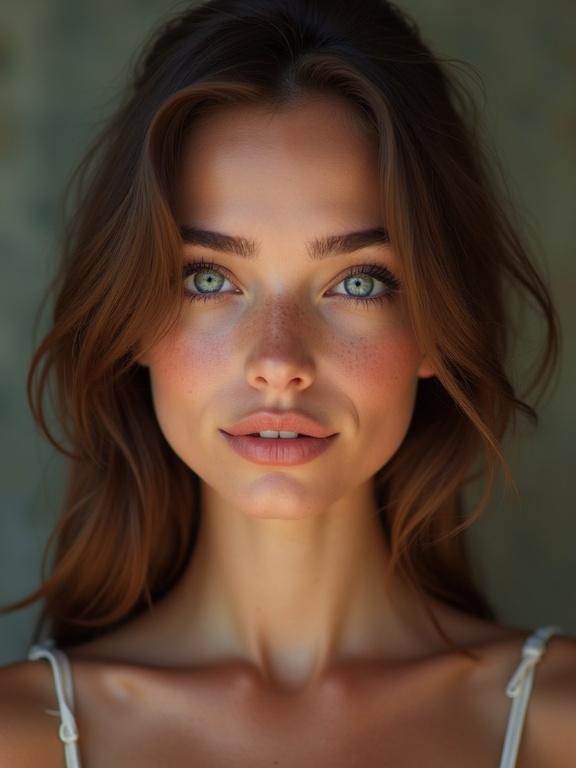Photorealistic image of a young beautiful woman with brown hair and blue eyes. Light freckles are visible on her face. Soft facial features create a striking visual impact.