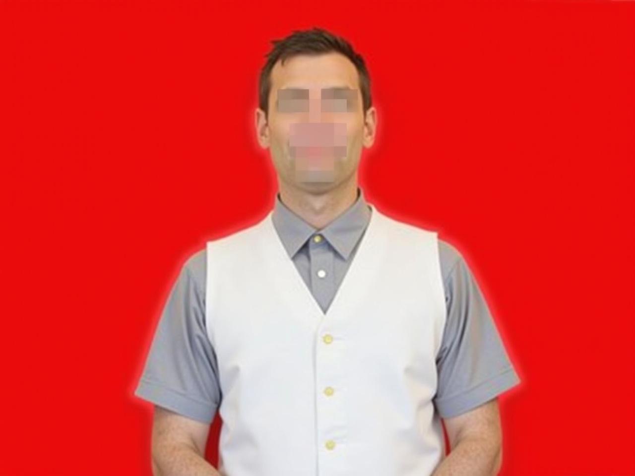 The image features a person with their face obscured, who is wearing a white button-up shirt over a gray shirt. The background is a solid red color, which makes the figure stand out prominently. The person appears to be posing directly for the camera, suggesting a formal or official context. There is no visible emotion or additional context given in the image. The overall composition is simple and straightforward, focusing on the individual in a neutral presentation.