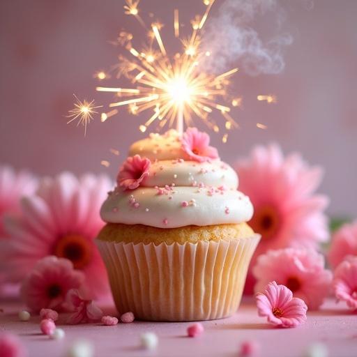 Image of a delightful cupcake topped with swirls of frosting and a lit sparkler. Surrounding the cupcake are soft pink flowers creating a festive atmosphere. The aesthetic is whimsical and joyful.