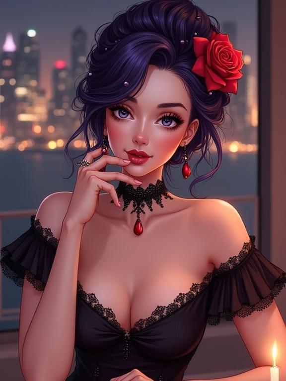 Illustration of a lady with dark violet hair styled in an updo. Red rose adorns her hair. She has fair skin and light-colored eyes. Elegant off-the-shoulder dress with ruffles. Black lace choker with red teardrop pendant. She has a subtle alluring expression. Seated at a table with a soft glow from a candle. City skyline visible in the background suggesting a night scene.
