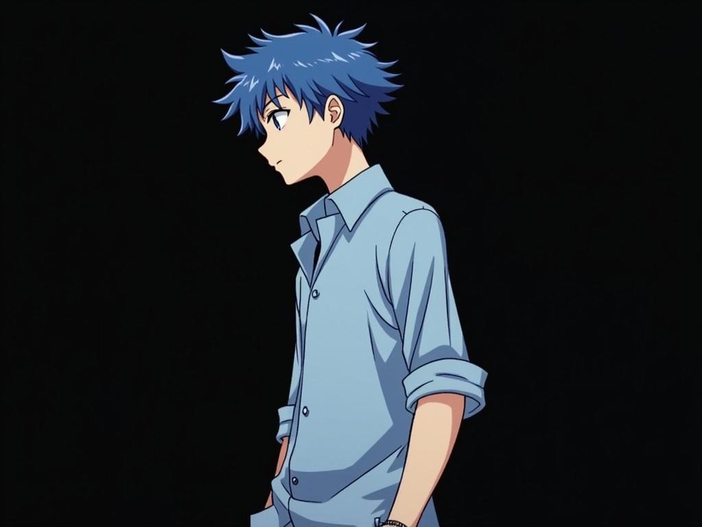 This image features a side view of a character with blue hair styled in a casual manner. The character is wearing a light blue shirt with the sleeves rolled up, giving a relaxed look. He has one hand resting casually in his pocket while the other arm is relaxed by his side. In this pose, the clothing accentuates his youthful appearance. The background remains dark, making the character stand out prominently.